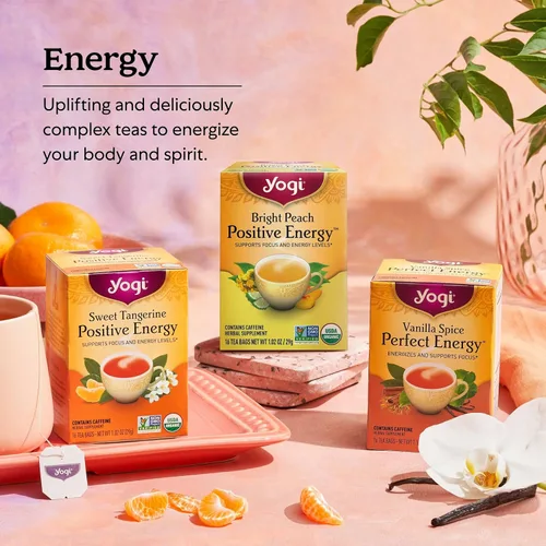 Vista 5 de Yogi Té de energía positiva de mandarina dulce, 16 bolsas de té por paquete (6 paquetes), té energético orgánico de mandarina, incluye hoja de té