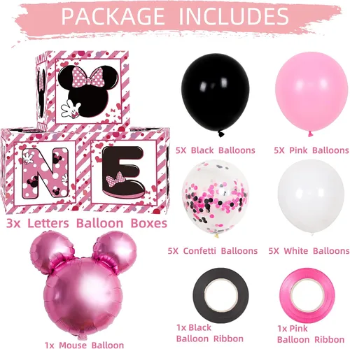 Vista 2 de Suministros de cajas de globos para fiesta de primer cumpleaños para bebé, niñas 3 piezas con temática de ratón rosa, cajas de globos de un año