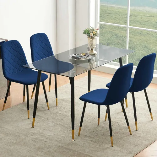 Vista 9 de Juego de 2 sillas de comedor de terciopelo azul marino, sillas tapizadas de cocina y comedor con patas de metal, sillas decorativas modernas