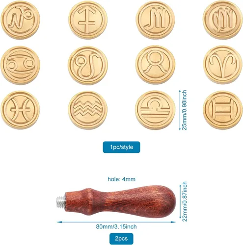Vista 2 de Elecrelive - Juego de sellos de cera, 12 piezas con diseño de constelaciones, cabezas de sellado con 2 piezas de mango de madera de haya