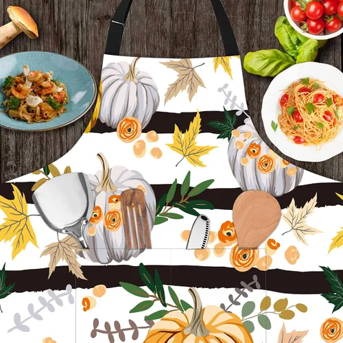 Vista 6 de Delantal de rayas de flores de calabaza con hojas de otoño, regalos para mujeres, delantal con cuello ajustable, impermeable, para mujeres