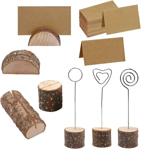 Vista 3 de 30 soportes para tarjetas de lugar de madera rústica, base de madera real, clip para fotos de notas, números de mesa de boda, soporte de tarjetas