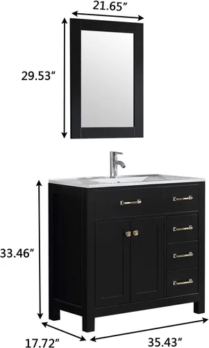 Vista 2 de wonline Lavabo de baño negro de 36 pulgadas y fregadero de cerámica empotrado para fregadero de cerámica con tocador de espejo, juego de tocador
