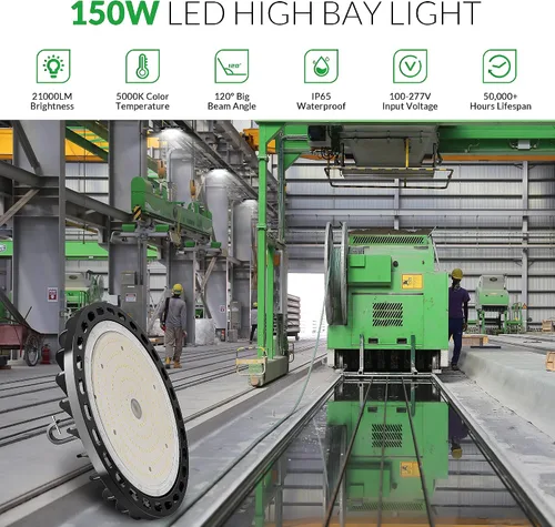 Vista 2 de Luz LED de Bahía Alta de 150W, 22500 LM con Cable de 5 pies con Enchufe de EE.UU., 5000K Luz de Día, IP65 Impermeable, Luces LED UFO de Taller