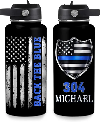 Vista 8 de Hyturtle Botella de Agua Personalizada de Policía - Botella de Acero Inoxidable Aislada con Tapa a Prueba de Fugas 18 oz, 32 oz - Regalo de Bandera
