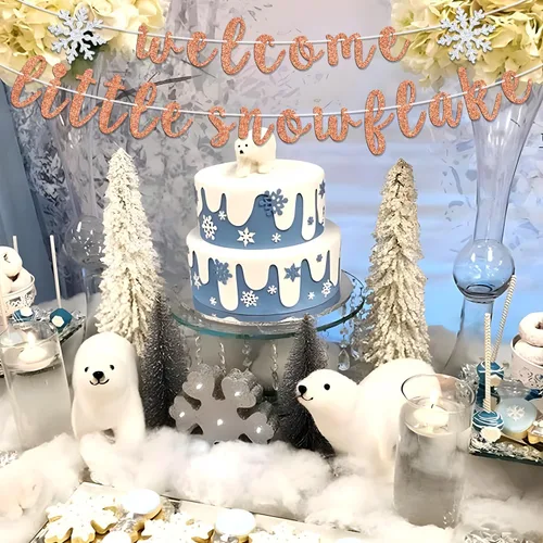 Vista 5 de Cartel de bienvenida con diseño de copo de nieve, Oh Baby/Little Sweet Snowflake Bunting Sign, baby shower de invierno, revelación de género