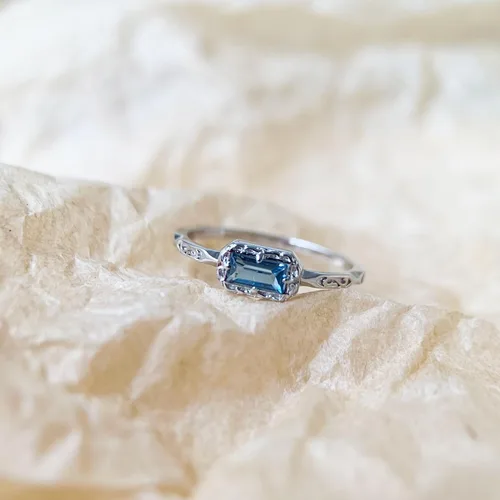 Vista 5 de Baguette - Anillo de boda para mujer, solitario, circonita cúbica, ópalo, rosa, zafiro, musgo, ágata, apilables, vintage, filigrana, delicados