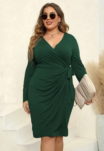 Vista 3 de Nemidor NEM303 - Vestido cruzado fruncido de talla grande para mujer, plisado, entallado, a media pierna, casual, vestido de trabajo para fiesta