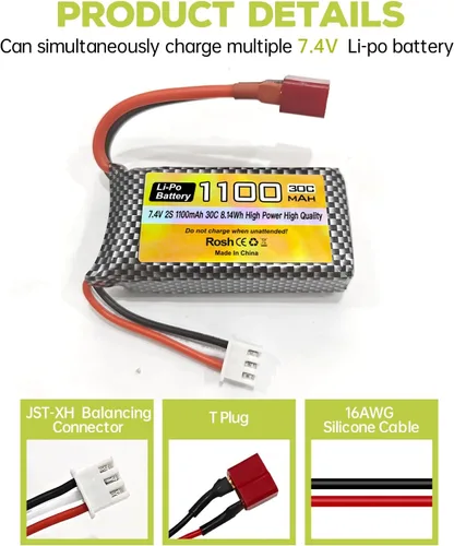 Vista 7 de sea jump Batería Lipo de 7.4 V 1100 mAh 2S con enchufe en T y 1 remolque 2 cargador adecuado para Haiboxing 18858 18859 18859A 16890A y XLH Q903