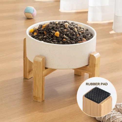 Vista 6 de Cuenco elevado de cerámica de 6 pulgadas para perros – Cuenco de comida y agua para perros de 30 onzas con soporte elevado de bambú antideslizante