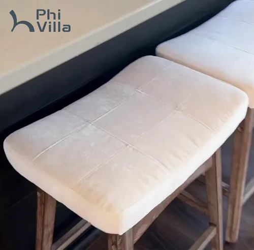 Vista 5 de Juego de 2 taburetes de bar PHI VILLA estilo granja - Taburetes de madera con asiento de sillín tapizado, taburetes de 24 pulgadas para juego de 2