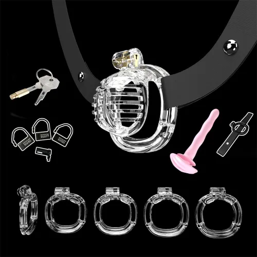 Vista 12 de Heuceo Jaula de castidad pequeña y ligera con 4 anillos y cinturón de castidad y dilatador uretral de silicona para hombre, mini jaula de pene liso