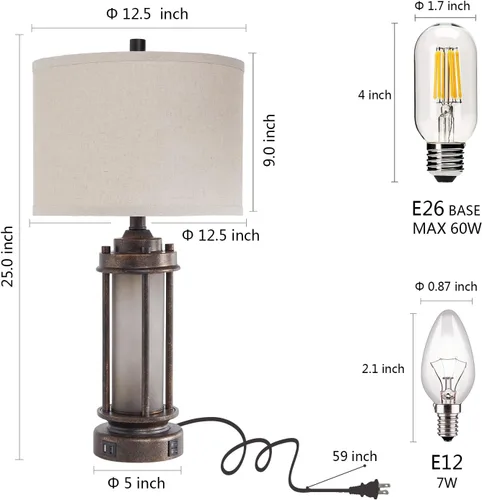 Vista 6 de Lámpara de mesa de granja de 25 pulgadas con 2 puertos de carga USB, lámpara de mesita de noche rústica vintage con luz nocturna de vidrio