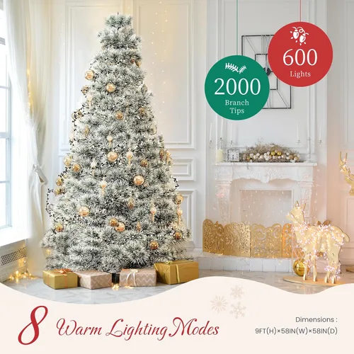 Vista 3 de Sweetcrispy Árbol de Navidad Artificial Preiluminado con Nieve Artificial de 6 pies, Árbol de Navidad de Abeto Artificial con Bisagras Preiluminado