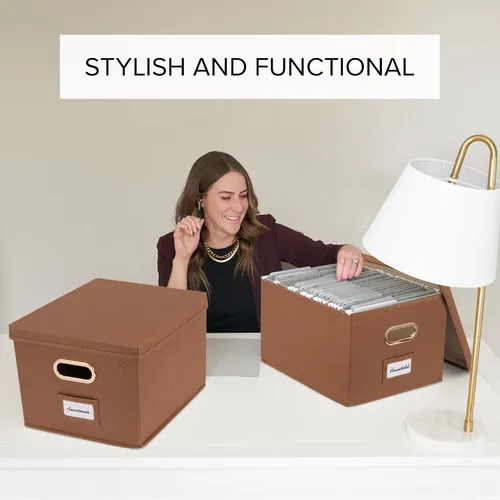 Vista 7 de ZICOTO Caja organizadora decorativa de archivos, juego de 2 archivadores plegables de lino con asas, perfectos para almacenar todos tus documentos