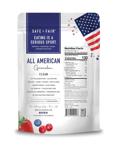 Vista 2 de Safe + Fair All American Granola – Snack sin gluten y vegano – Avena integral con fresas reales, arándanos y arándanos rojos – Sin OMG, kosher, sin