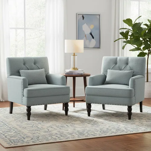 Vista 12 de HUIMO Silla de Club Acolchada, Silla de Acento con Almohada Lumbar, Sillón Tapizado con Botones, Sillas de Sofá de Tela de Lino para Dormitorio