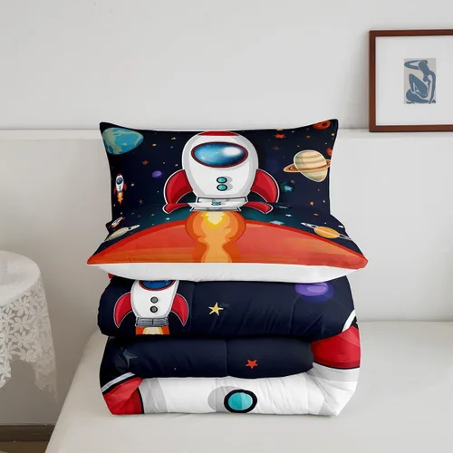 Vista 5 de Juego de edredón espacial para niños, 2 piezas, estampado de cohetes espaciales, tamaño individual, con funda de almohada, relleno de edredón