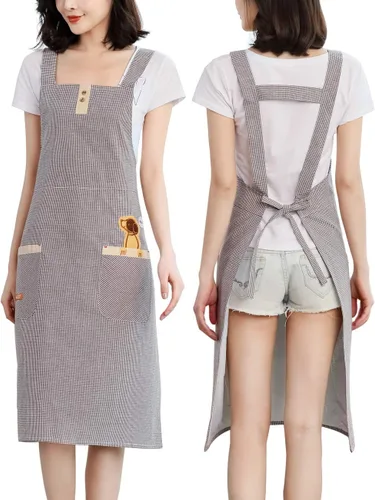 Vista 13 de NEWGEM Delantal 100% algodón con espalda cruzada para mujer con 2 bolsillos, correas de botón ajustables, sin dolor de cuello, delantal de chef