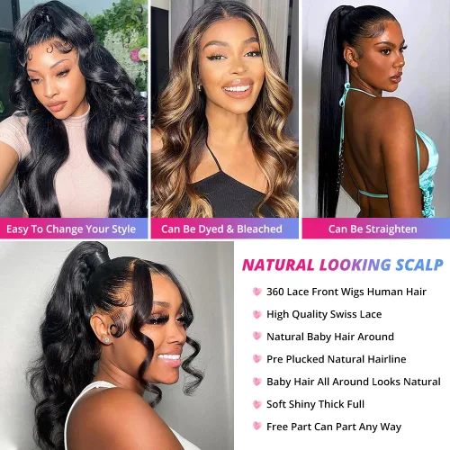Vista 4 de Pelucas de encaje frontal de onda corporal 360 de virgen brasileño de 22 pulgadas - Prearrancadas con cabello de bebé, encaje frontal completo