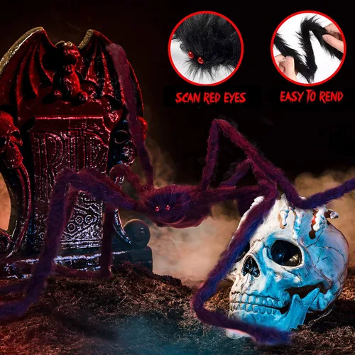 Vista 2 de Decoraciones de Halloween, 2 arañas gigantes de 50 pulgadas + telaraña triangular de 200 pulgadas y tela de araña redonda de 100 pulgadas