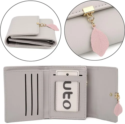 Vista 126 de UTO - Cartera pequeña RFID de piel sintética con dije de hoja, cierre de cremallera y tarjetero.