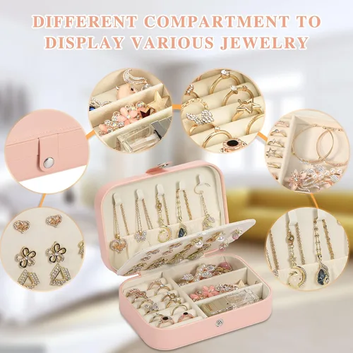 Vista 4 de XZUZ Joyero de viaje, organizador de joyas pequeño de piel sintética para niñas y mujeres, mini estuche de viaje portátil de doble capa para guardar