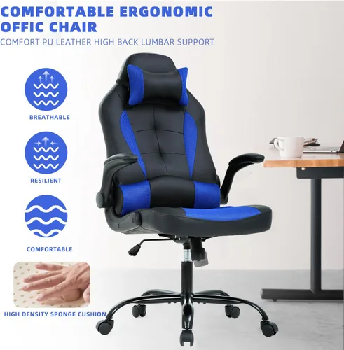 Vista 5 de Silla de videojuegos de respaldo alto, silla de computadora con reposacabezas y soporte lumbar, silla de computadora de altura ajustable, silla