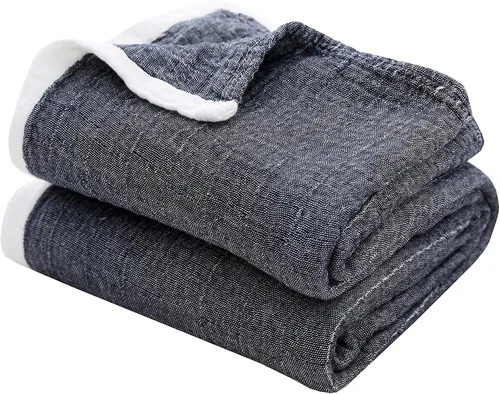 Vista 9 de SE SOFTEXLY Manta de muselina de algodón para adultos, transpirable de 4 capas con textura de lino teñido, manta de gasa para cama, sofá, sofá
