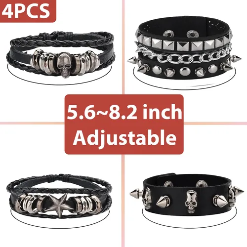 Vista 2 de Juego de 4 pulseras góticas para hombres y mujeres, pulseras de cuero con tachuelas punk rock, traje rockero de los años 80 para hombres y mujeres