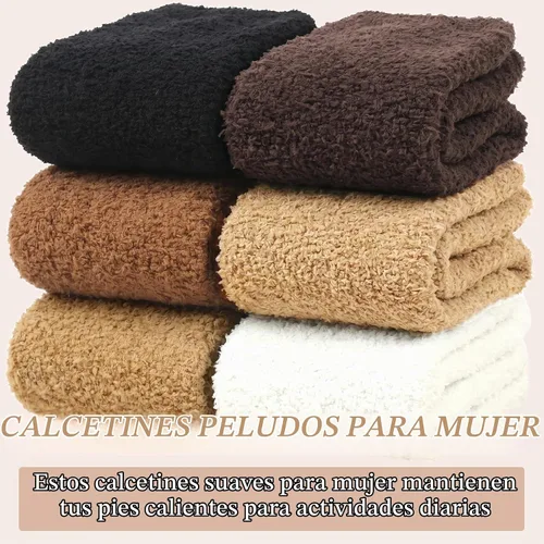 Vista 3 de YSense Calcetines mullidos y mullidos para mujer, 6 pares, calcetines de Negro Marrón Blanco Caqui