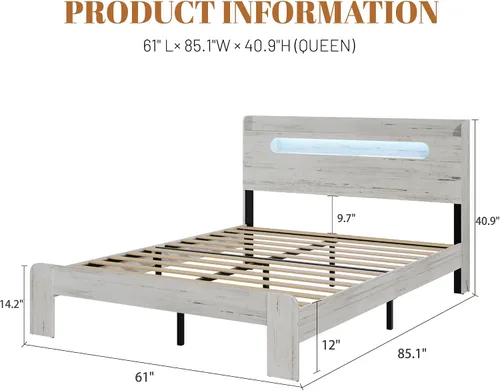 Vista 2 de Base de cama de madera tamaño Queen con cabecera de almacenamiento
