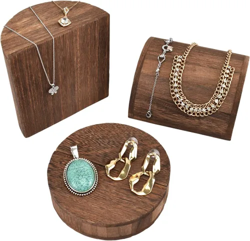 Vista 3 de MOOCA Juego de 4 elevadores de madera ligeros para pulseras, aretes y collares, múltiples combinaciones para innumerables estilos de exhibición
