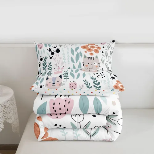 Vista 7 de Juego de ropa de cama tamaño individual para niñas y niños, juego de edredón de dibujos animados de animales y gatos, decoración de habitación