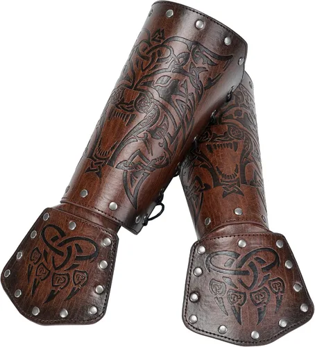 Vista 6 de HiiFeuer Armadura de pecho de guerrero vikingo con brazalete vikingo Fenrir y bolsa medieval con cordón, juego de guerrero de piel sintética retro
