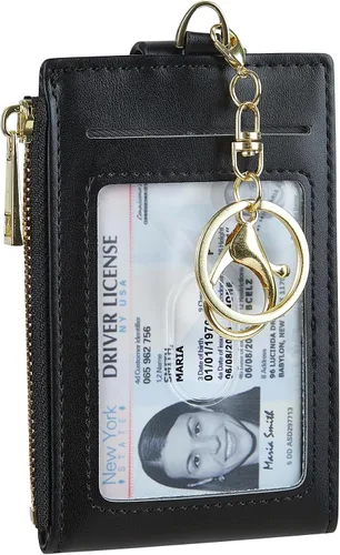 Vista 6 de Tarjetero de cuero para mujer, con bloqueo RFID, delgado y pequeño, con cremallera, llavero, bolsillo frontal, con 2 ventanas para identificación