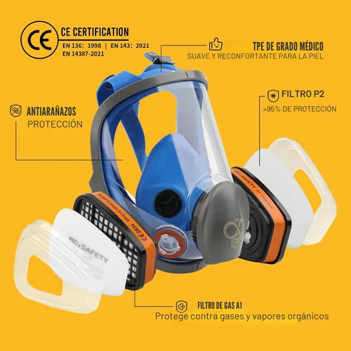 Vista 3 de Máscara respiradora de cara completa con 2 filtros de vapor orgánico A1 y 8 filtros de polvo P2, respirador reutilizable RF-610 para polvo, gas
