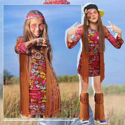 Vista 4 de Conjunto de disfraz hippie para niños de los años 60 y 70 con chaleco, signo de la paz, aretes, collares, diadema, pines hippie y tatuajes