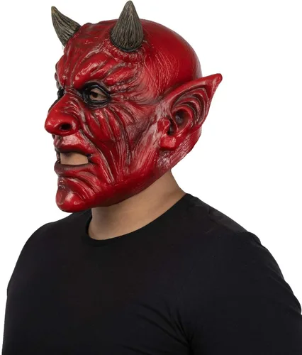Vista 5 de Ghoulish Productions Máscara de demonio, máscara de diablo rojo. Máscara de látex de cabeza de demonio antiguo. Máscara de látex de talla única