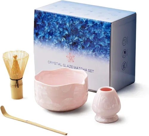 Vista 10 de Juego de Matcha de Cristal Natural con Flores - 4 Piezas Kit de Matcha de Grado Alimentario con Tazón con Pico, Batidor de Matcha, Cucharón