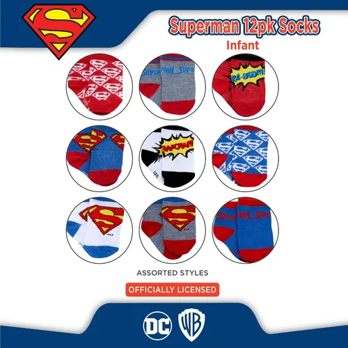 Vista 6 de DC Comics Calcetines para bebés niños y niñas, paquete de 12 calcetines de Batman, Wonder Woman, Superman, Liga de la Justicia, Super Girl (0-24M)