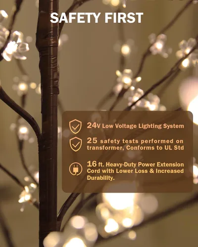 Vista 4 de TYBEEU Árbol de cerezo iluminado de 4 pies con 144 luces LED blancas cálidas para decoración de vacaciones, regulable, certificado UL, impermeable