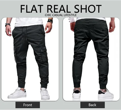 Vista 4 de LVCBL Pantalones cargo de algodón para hombre con cordón en la cintura, pantalones cargo ajustados