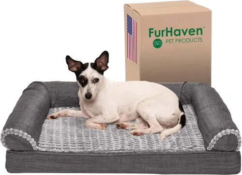Vista 22 de Furhaven Cama para perro, de espuma viscoelástica, estilo sofá, Sherpa y chenilla, crema, M