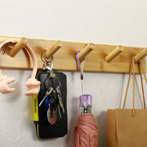 Vista 6 de SKOLOO Perchero de Pared de Bambú Montado en la Pared, 16 Pulgadas de Agujero a Agujero, 5 Clavos de Bambú para Pared para Colgar Ropas, Batas