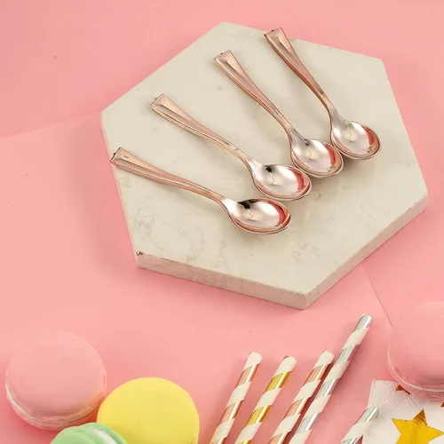 Vista 7 de Efavormart - Juego de 24 cucharas de plástico de 4 pulgadas, pequeñas cucharas desechables para degustación de postres con acabado metálico