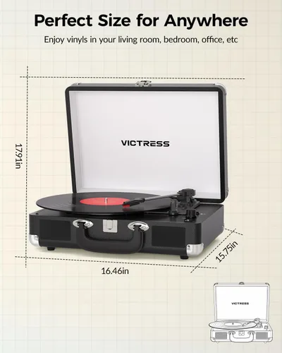 Vista 10 de Tocadiscos de vinilo con entrada y salida Bluetooth, tocadiscos portátil vintage de maleta, tocadiscos LP de 3 velocidades con conversión de vinilo