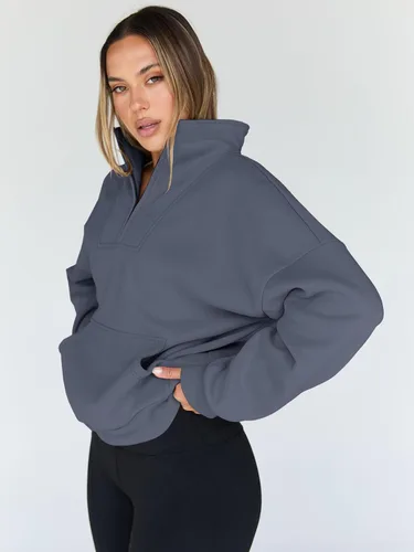Vista 3 de Trendy Queen - Sudaderas con medio cierrey capucha de gran tamaño, comoda, extragrande, para otoño, Y2K, ropa de invierno, 2024