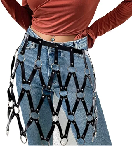 Vista 4 de CYWYX Disfraces del partido arnés del cuerpo ajustable ahueca hacia fuera cuero de la PU tejidas faldas de moda, Pg01., talla única