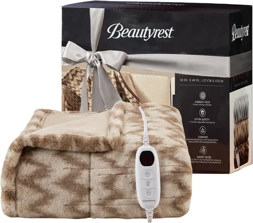 Vista 10 de Beautyrest Manta eléctrica de piel sintética cepillada larga con diseño texturizado Ogee, apagado automático, prácticamente cero EMF, configuración